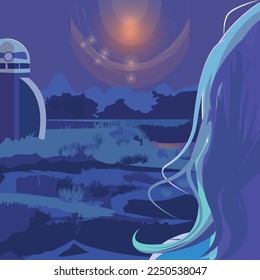 A girl whose face we don't see looks at the scenery. A spaceship is parked in the meadow. It's night, the sky is illuminated by stars.