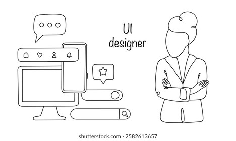 A girl whose job is to develop interfaces for digital products. It makes them convenient, understandable and aesthetically pleasing for users. UX designer. Vector line illustration.