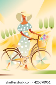 Girl in wide-brimmed hat and blue dress with a bicycle on the road in the field. Rural landscape. Poster in art deco style.