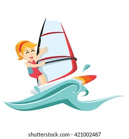 Girl wind surfer cartoon illustration