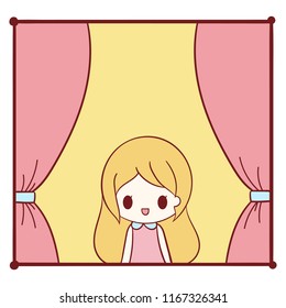 
A girl at the window between the curtains.