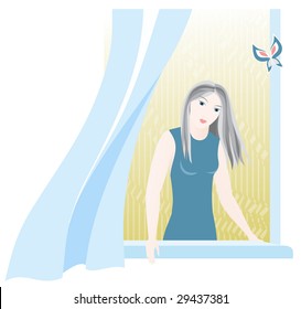 girl in window with butterfly