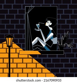 The girl at the window with a cocktail in her hand. Vector illustration.