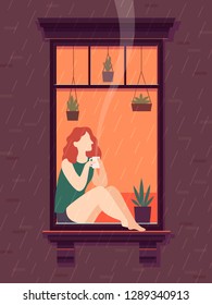 Girl at window with coffee. Windows person enjoy drinking coffee tea cup lonely time, cartoon illustration