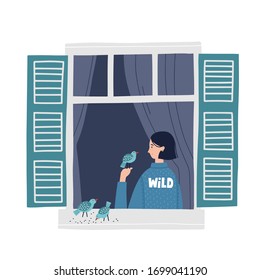 Girl in a window feeding birds. Hand drawn vector illustration. Saty home concept. Self isolation during quarantine.