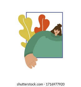 Girl at the window flat vector illustration. Flat design women. Female with outstretched hand isolated cartoon characters. Ideal for web and advertising