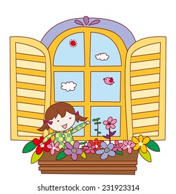 Girl Window Flowers Stock Vector (Royalty Free) 231923314 | Shutterstock