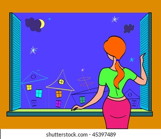 The girl from a window looks at the star sky against a city