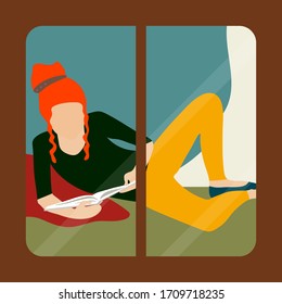 Girl in window. Spending time home alone. Self-isolation during an outbreak of coronavirus. Social distancing. Young red-haired woman reading interesting book lying on windowsill. Vector illustration.