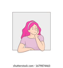 Mädchen im Fenster, Vektorillustration Cartoon.