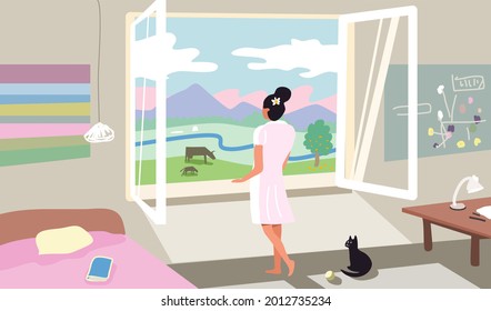 Chica en la ventana. Ilustración vectorial. Ver desde la ventana a la naturaleza. Confort en casa. Interior, gato en el suelo, teléfono en la cama. Hotel ecológico. Campos y prados, vastedad de la naturaleza.