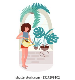 The girl at the window watering indoor plants. Agave, philodendron and fern in pots.Vector illustration in flat style on white isolated background.