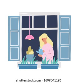 Girl in a window watering plants.. Hand drawn vector illustration. Stay home concept. Self isolation during quarantine.