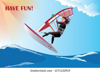 Girl windsurfer on the wave. Sea and sky background