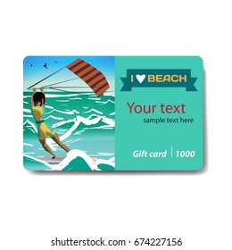 Girl windsurfing on water surface with air kite. Sale discount gift card. Branding design to the resort and a sports goods store