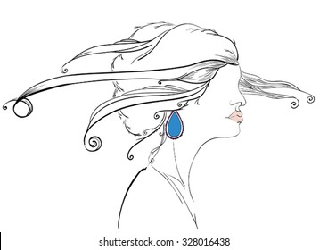 Girl with windy hair and blue earring