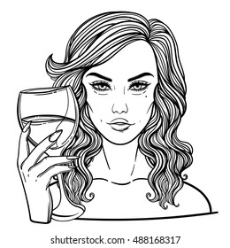 Girl wine tasters. Girl vampire with glass of wine. Gothic luxury woman. Vector illustration.
