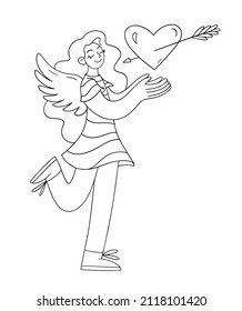Girl with wings holding a heart pierced by an arrow in her arms black and white vector illustration.