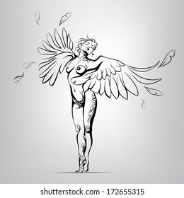 Chica con alas en lugar de manos. ilustración vectorial