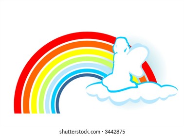 The girl with the wings, sitting on a cloud on a background of a rainbow