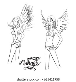 girl with wings sketch, vector model