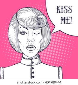 Girl wink and kiss in vintage style, vector engraved poster with bubble