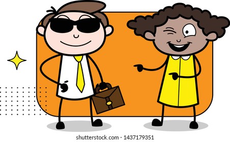 A Girl Winking Eye and Pointing to a Cool Guy - Office Businessman Employee Cartoon Vector Illustration