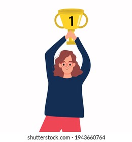 A girl with a winner's cup in her hands. A woman celebrates her victory