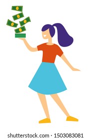 Girl winning jackpot, dollar bills falling down in stack on womans hand, isolated female character vector. Lottery or casino, business success. Wealth and fortune, rich person holding banknotes