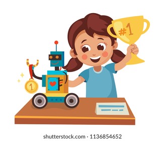  Girl wins competition on robotics. Child and her robot get  award. Cartoon vector illustration