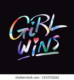 girl wins slogan rainbow print background 