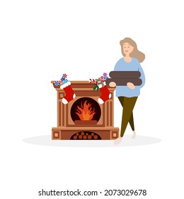 girl in winter clothes carries firewood, vector illustration