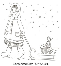 Girl in winter clothes carries on apples sledding.