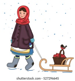 Girl in winter clothes carries on apples sledding.