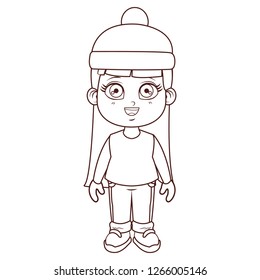 Girl with winter clothes cartoon brown lines
