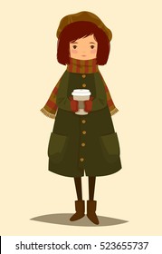 Girl in winter clothes with cup of coffee in hands. She is wearing a green coat, a striped scarf and beret. Vector cartoon illustration
