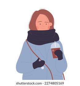 Girl in winter clothes drinks takeaway coffee. Hot street drinks vector illustration