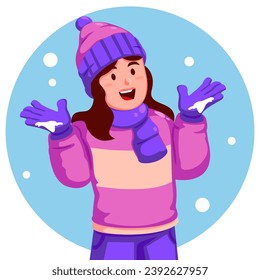 Girl in winter clothes with hands up in the air