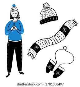 Girl and winter clothes. Hat, scarf and mittens with snowflake and scandinavian design, headphones and accessories doodle vector set