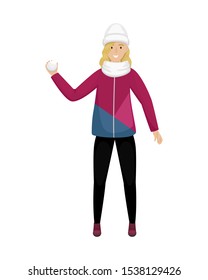 A girl in winter clothes and a hat throws a snowball. Winter entertainment. Flat vector illustration.