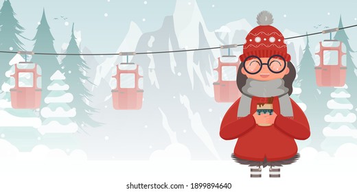 A girl in winter clothes is holding a hot drink. Cable car or funicular. Banner with space for text. Vector illustration.