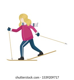 A girl in winter clothes on cross-country skiing. Winter sports. Isolated flat vector illustration.