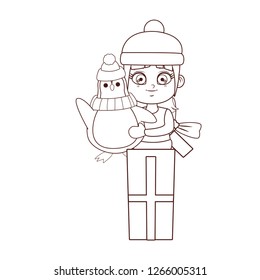 Girl with winter clothes and penguin inside gift box brown lines