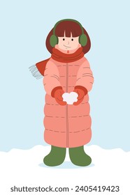 Girl in winter clothes, pink down jacket and scarf. Girl holds heart of snow. Fun winter holiday. Children winter games and entertainment. Hand drawn vector flat illustration.