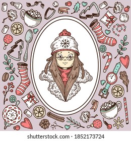 Girl in winter clothes and a set of elements on the theme of winter.