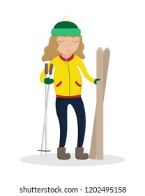 Girl in winter clothes with skis in hand. Flat winter vector illustration.