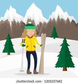 Girl in winter clothes with skis in hand. Flat winter vector illustration. Mountain landscape.