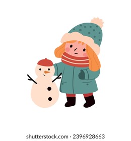  girl in winter clothes and a snowman, vector illustration