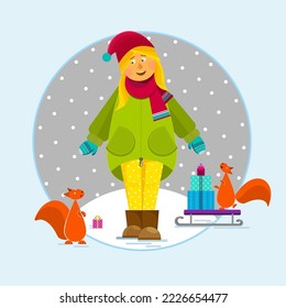 girl in winter clothes with squirrels on a sledge with gift boxes