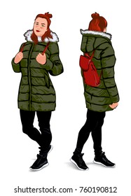 Girl in winter clothes, in two foreshortenings, on a white background